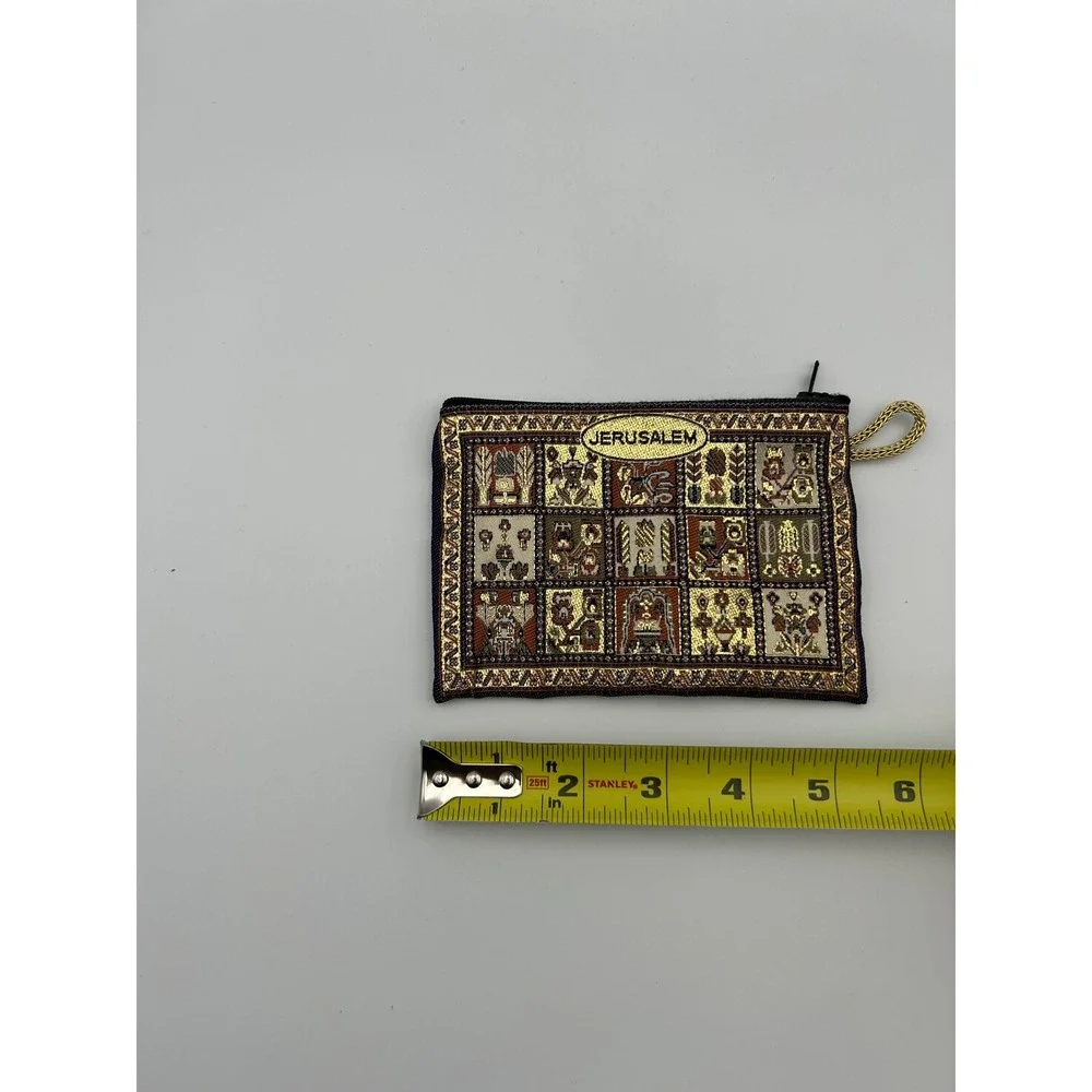 Jerusalem Souvenir Woven Tapestry Coin Purse Gold Metallic Zipper Pouch Small